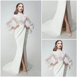 Prom Dresses Nowy 2020 Koronki Appliqued Długie Rękawy Side Split Syrenka Suknie Wieczorowe Sweep Pociąg Specjalna okazja Dress Dress