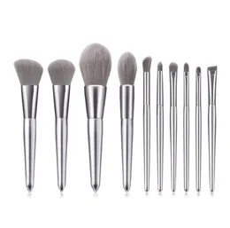 Nyaste Silver Makeup Brushes Set 10st Borstverktyg för ögonskugga Blush Loose Powder Cosmetics Super Soft Nylon Hair Drop Shipping
