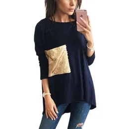 Trevlig Breif t-tröjor Kvinnors Asymmetric O Neck Long Bottoming Tunika T Shirts med Sequined Tshirts Top Plus Size Tee Top Trend