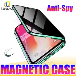 Prywatność magnetyczna Metalowe skrzynki na iPhone 12 Pro Max 11 XR XS 8 plus dwustronny szkło hartowane tylne pokrycie telefonu Izeso
