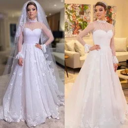 2020 maniche lunghe una linea abiti da sposa collo alto in pizzo applique sweep treno su misura Sheer Illusion abito da sposa vestido de novia