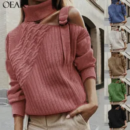 Oeak Fashion Women Sexy Shoulder Turtleneck Warm Sweater Autumn Pullover Long Sleeve Ribbed Sweater Knitted Tops Jumper 2020