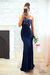 Navy Blue Mermaid Lace Evening Dress Robe de Soiree Chic 3D Flower One Shoulder Split Prom Gowns Vestido de Festa