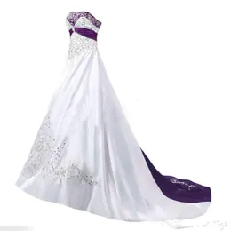 Vintage weiße und lila Kleider billiger trägerloser Schnürspaden-Spitze Stickerei Sweep Zug Korsett Plus Größe Hochzeitskleid