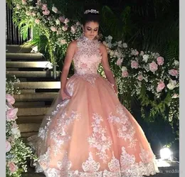 2019 Chic Lace Ball Gown Quinceanera Dress High Neck Sheer Sweet 16 Ages Long Girls Prom Party Pageant Gown Plus Size Custom Made