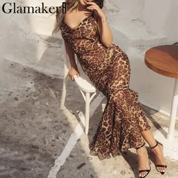 Glamaker Leopard Drukuj Kobiety Maxi Sukienka Lato Sexy Plaża Vintage Dress Kobieta Slim Party Długa Suknia Przyczynowa Szata Retro Vestidos Y190514