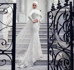 فساتين الزفاف المسلمة الحديثة دانتيل حوريات طويلة الأكمام عالية الياقات الزفاف العربية السعودية مع حجاب الحجاب