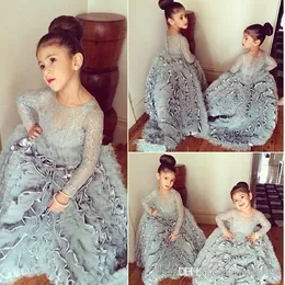 Princess Grey Girls Pageant Dress 2019 Jewel Neck Lace Appliqued Long Sleeve Flower Girls Dresses for Wedding Big Ruffles Kids Formal Wear