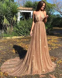 Sexig bling Sier Rose Gold Sequined Lace Prom Dresses Spaghetti Stems Open Back Sweep Train Formal Sequin Evening Party Gowns Wear