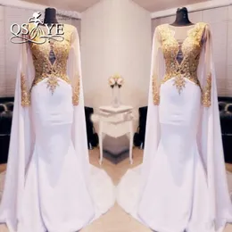 Elegant Arabic Kftan Gold Beaded Appliques Prom Dresses Long Sleeve With Cape Backless Women Formal Evening Gowns Mermaid