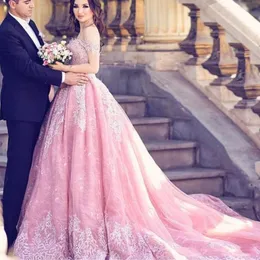 2019 billig Luxus Ballkleid Quinceanera Kleider Rosa Schulterfrei Spitze Appliques Korsett Sweep Zug Sweet 16 Party Prom Sexy Abendkleider