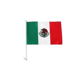 Mexico Car Hold Flagga, National 30X45cm med 43cm plaststolpar, 100D polyester med 80% Bleed, ett lager, gratis frakt