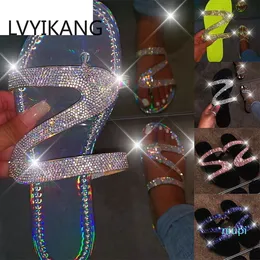 Gorąca sprzedaż-Kobiety Summe Rhinestone Buty R Płaskie kapcie Otwarte Toe Roman Beach Sandały Damskie Klapki Czarny antypoślizgowy Slajdy Dropshipping