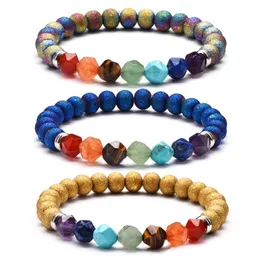 Mode 7 Chakra Yoga Armband Naturstenskuren yta Energi Kristall Armband Färg Agate Bead Armband Kvinnor och Män Smycken