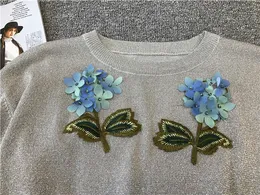 Fashion-Frakt 2017 Grå Crew Neck Långärmade Sheer Women's Tröjor Leafs Broderi Solid Hydrangea Tunna Pullovers Kvinnor DH0110-1