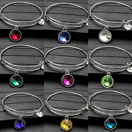 12Colors Birthday Stone Crystal Pendant Bracelet Alloy Rhinestone Push Pull Round Hand Ring Heart Love Charm Adjustable Women Jewelry Gifts