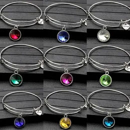 12Colors Urodziny Kamień Kryształ Wisiorek Bransoletka Alloy Rhinestone Push Pull Round Hand Ring Heart Love Charm Regulowane Kobiety Biżuteria Prezenty