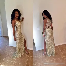 Gold Sequins Champagne Mermaid Prom Dresses Sexy Back Spaghetti Straps Side Slit Formal Evening Party Gowns Custom Made