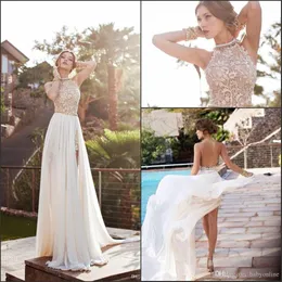 Bohemian Sheath Wedding Dresses A Line Halter Neck Backless High Side Split Appliques Lace Chiffon Beach Bridal Gowns CPS231