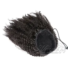 Indian Jungfrau Natural Black 4a 12 bis 26 Zoll 120 g Elastizitätsband Krawatten Kordelschnüre Afro versaugt lockiges menschliches Haar Pferdeschwanz