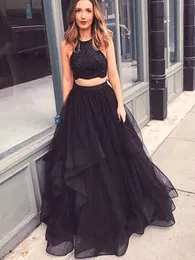 2020 Charming Halter Two Piece Black Long Prom Dresses with Beading A-Line Party Maxys Ruffles Tulle Sparkly Prom Gowns Evening Dress