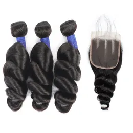 Ishow Loose Wave Human Hair Bundles With Closure 10A Brazilian Peruvian Virgin Hair Weave 3Bundles Hair Extensions Wefts for Women Girls All Ages Natural Color