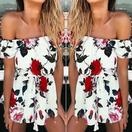 Kvinnor 2019 röd ros utskrift sommar klänning dam elegant vit lutande ban nacke klänning bågebälte strand härlig tjej mini klänning jurk