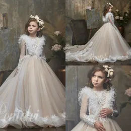 2020 Champagne Flower Girl Dresses Pearls Appliqued Long Sleeve Little Kids Birthday Party Feather Girls Pageant Dress Party Gowns