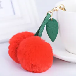 Fashion-Cherry Artificial Rabbit Fur Ball Keychain Keyring Pompom Leaf Handbag Pendant Car Key Chian Ring Holder K347