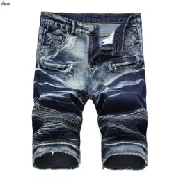 Short jeans de verão masculino elástico justo ajuste curto jeans masculino de algodão casual desgastado na altura do joelho