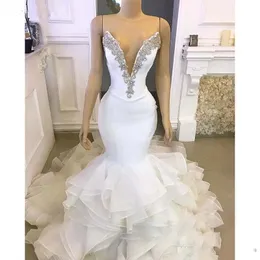 2024 Simple Sexy Arabic Mermaid Wedding Dresses Deep V Neck Crystal Beaded Organza Tiered Ruffles Chapel Train Formal Plus Size Bridal Gowns 403