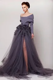 Hand Made Flower Long Sleeve Side Split Tulle Evening Gowns Fashion Sweep Train Party Dress Off Shoulder 2020 New Evening Dresses 2021
