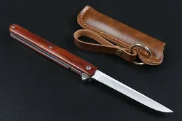 Flipper Folding Knife 440C Tanto/Drop Point Satin Blade Rosewood Handle Ball Bearing With Leather Sheath