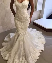 2019 Lyxig tunga pärla sjöjungfru bröllopsklänningar 2019 Lace Applique Stropless Sweetheart Stunning Bröllopsklänningar Bride Dress Vestido de Noiva