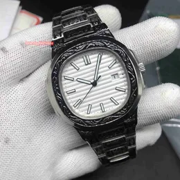 Upgraded Men's Wristwatch Silver Carved Stainless Steel Watch White Face Watch Carved Strap Automatic Mechanical Sports Watches