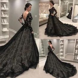 New Black Gothic Wedding Dresses Long Sleeve V Neck Sweep Train Lace Illusion Bodice Garden Country Bridal Gowns robes de mariée