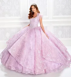 Moda Zroszony Koronki Balowa Suknia Quinceanera Suknie Z Kurtki V Neck Sequine Prom Suknie Sweep Corset Powrót Sweet 15 Dress