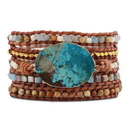 Ocean Blue Stone Armband Boho 5x Leather Friendship Wrap Armband Boho Chic Smycken Bohemian Party Gifts Dropshipping