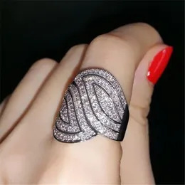 Luxury Shine Cocktail Bröllop Ringar för Kvinnor Smycken Real Solid 925 Sterling Silver Leaf Pave 110 pcs CZ Stone Ring Finger