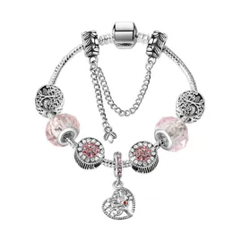 Pink Bracelets Bangles Pandor Heart Life Tree Pendant 925 Silver Snake Chain Bracelet Fashion Crystal Beads Charm Jewelry for Women Girls