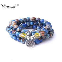 Bracelet Fashion Men Women`s Natural Imperial Jaspers Beads with Lotus OM Buddha Charm Bracelet 108 Mala Necklace Dropshipping