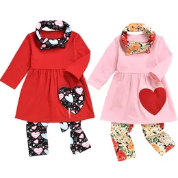 Valentine's Day Girls Chothing Set Long Sleeve Dress Top + Love Heart Printed Pants + Lovely scarf 3pcs/set Kids Boutique Outfits M982