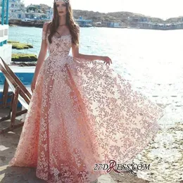 2020 Novo Impressionante Beads de Luxo Rosa Appliques Renda Vestidos De Noite Saudi Elegante Elegante Ombro Uma Linha Vestidos de Fiesta Promovers