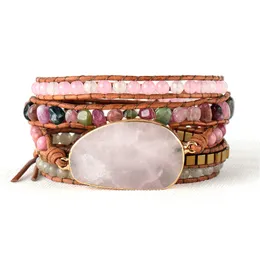 Native Inspired Beads Leather Bracelet Tourmaline Pink Quartz 5 Strands Woven Wrap Bracelets Bohemian Bracelet Dropship J190721