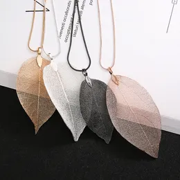 Womens Fashion Long Chain Natural Leaf Pendant Necklace Gold/Silver/Black Plated Sweater Necklaces