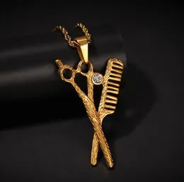 18K Gold Plated Scissors Comb Barber Razor Blade Pendant Necklace Iced Out Scissors Stainess Steel Pendant 24Inch 60cm Rope Chain