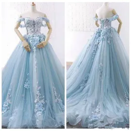 Blue Prom Sky Dresses Gorgeous 3D Floral Applique Beaded Tulle Sweep Train Evening Party Gowns Handmade Flowers Quinceanera Ball Formal Wear