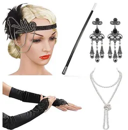 Mode Luxus Designer schwarz Kristall Diamant Pailletten Vintage Gypsy Feder Quaste Stirnbänder Haarschmuck Handschuhe Perlenkette Ohrring Set