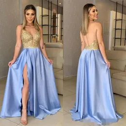 Ouro sexy sem costas apliques vestidos de baile luz azul cetim cintas de espaguete fenda lateral até o chão vestidos de festa de noite feitos sob encomenda