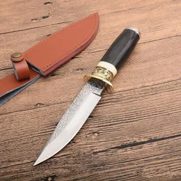 Outdoor Survival Hunting Nóż High Carbon Steel Point Point Blade Ebony Stałego ostrza noże z skórzaną osłoną